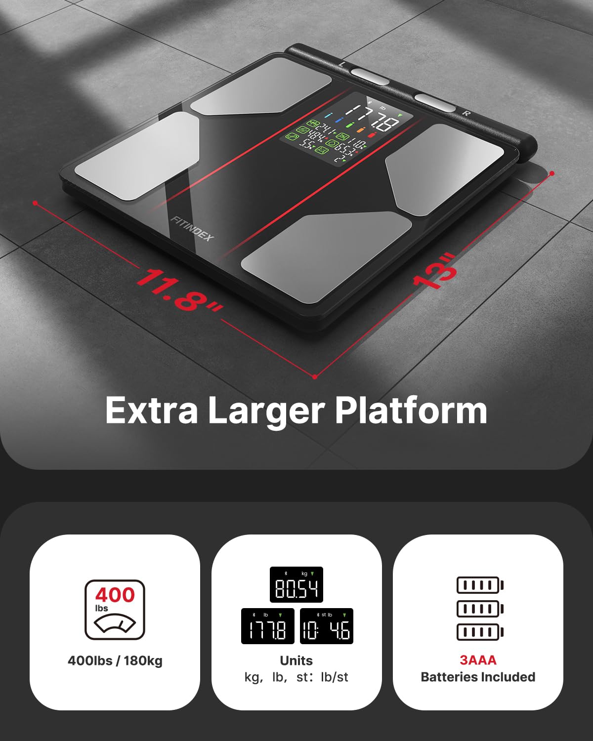 Fitindex Smart Body Composition Scale with BMI, Fat, Muscle Mass, Body Water, 400 lb

