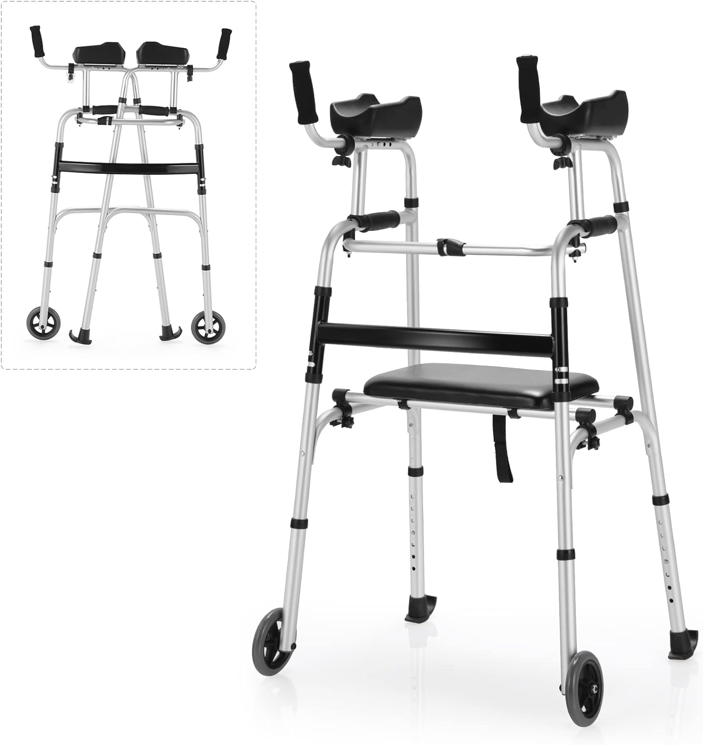 Goplus Folding Walker for Seniors, Lightweight Mobility Aid with Seat and Armrests

