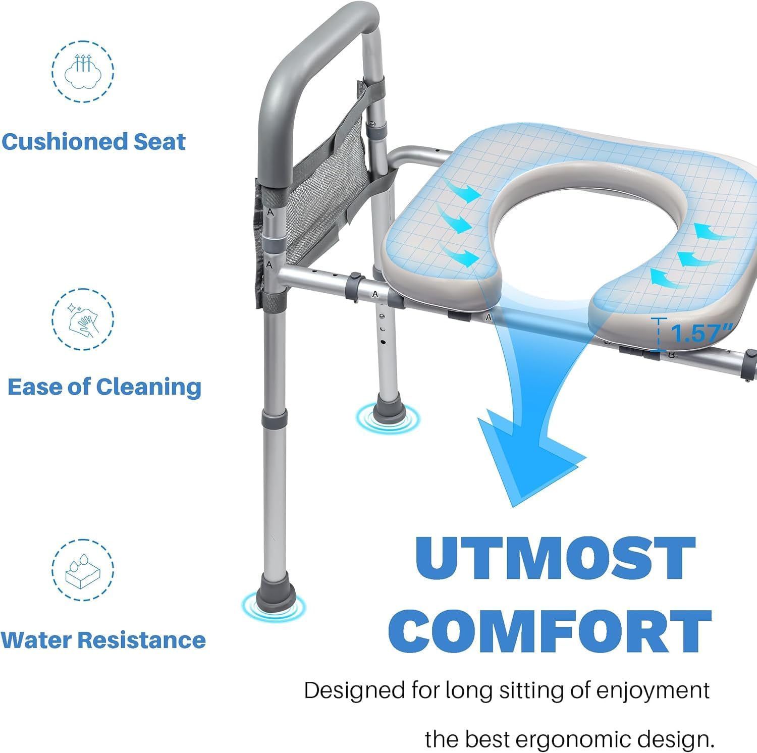 Adjustable Raised Toilet Seat with Handles, Padded Toilet Seat Riser for Seniors

