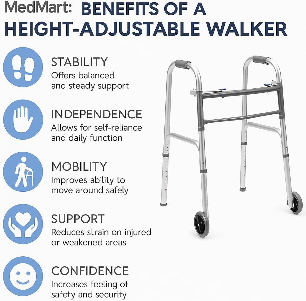 Folding Front-Wheeled Rolling Walker, Adjustable Height Aluminum Mobility Aid

