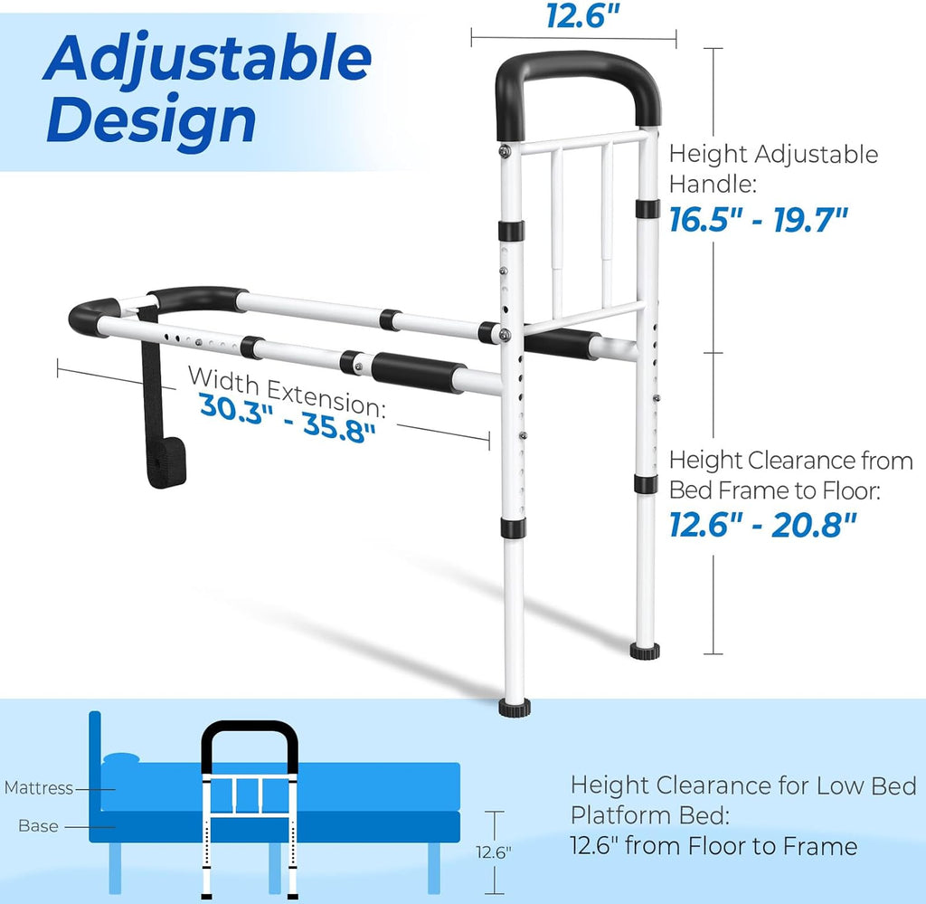 Bed Rails for Seniors Safety ASTM Adjustable Bed Assist Rail 350 lb Non-Slip Grip

