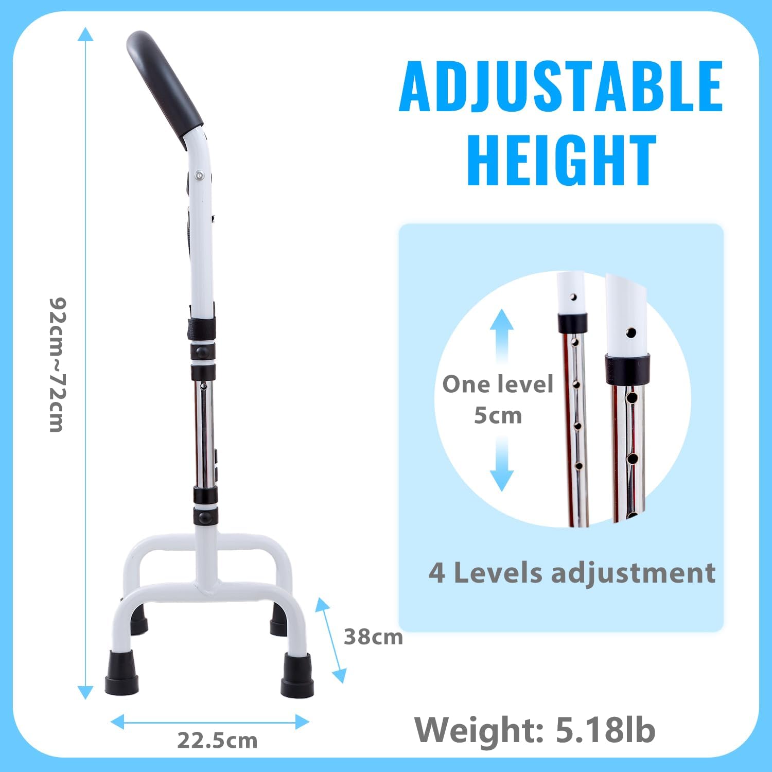 Walking Cane for Mobility Support, Height Adjustable, Anti-Slip Grip, Steel Frame

