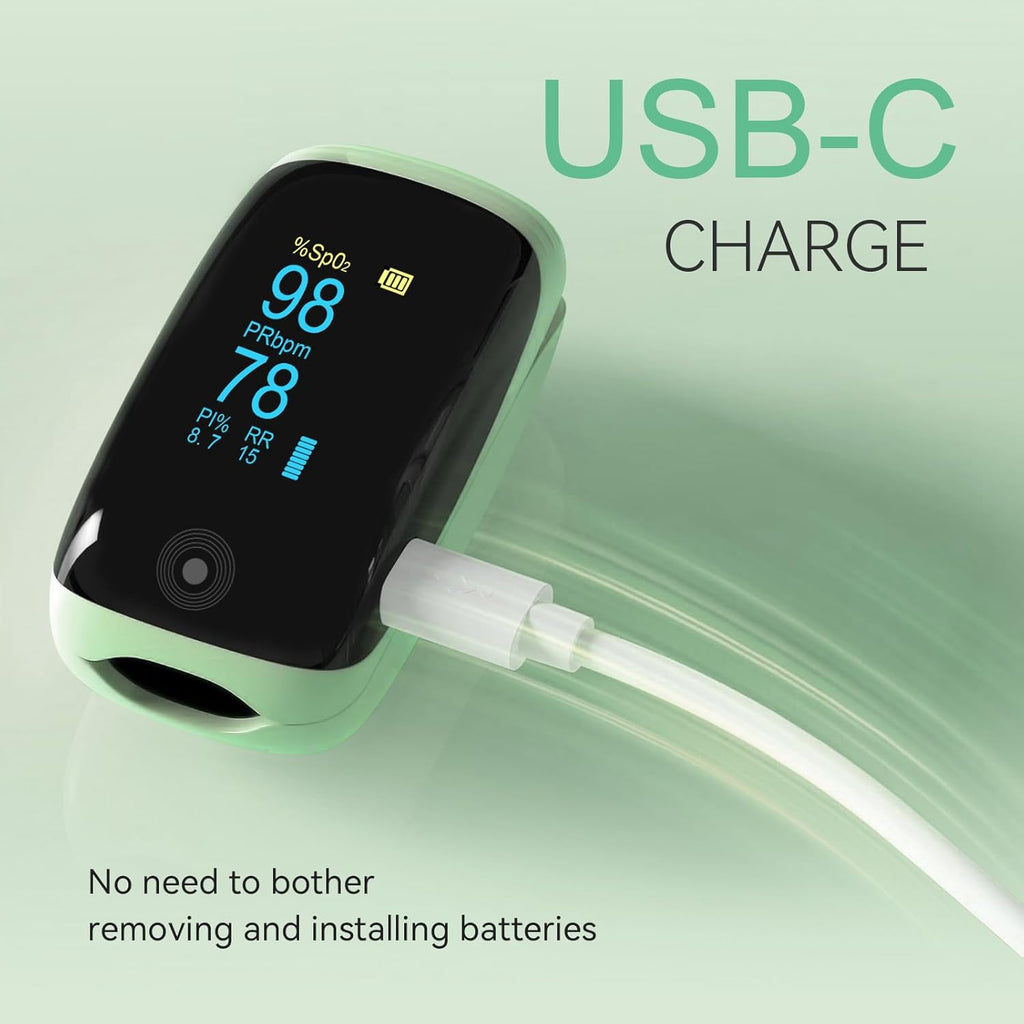 Fingertip Pulse Oximeter with Respiration Rate Monitoring, PI & RR, Rechargeable

