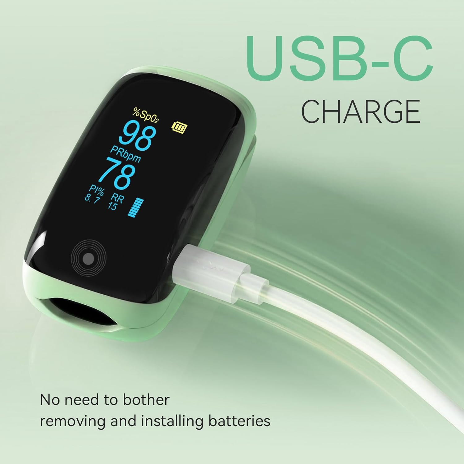Fingertip Pulse Oximeter with Respiration Rate Monitoring, PI & RR, Rechargeable

