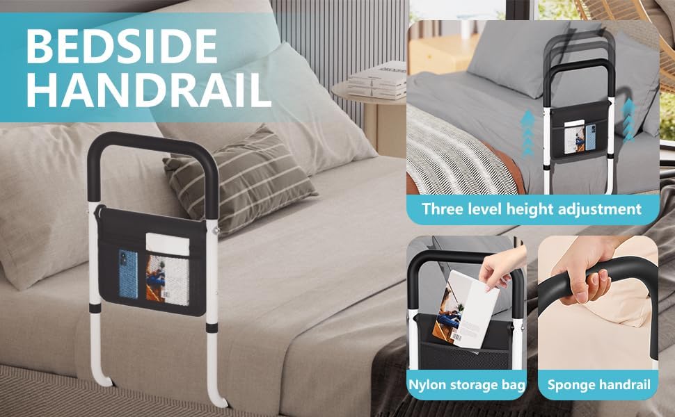 Hopelight Adjustable Bed Rail Support Handle with Storage Pouch for Bed Mobility

