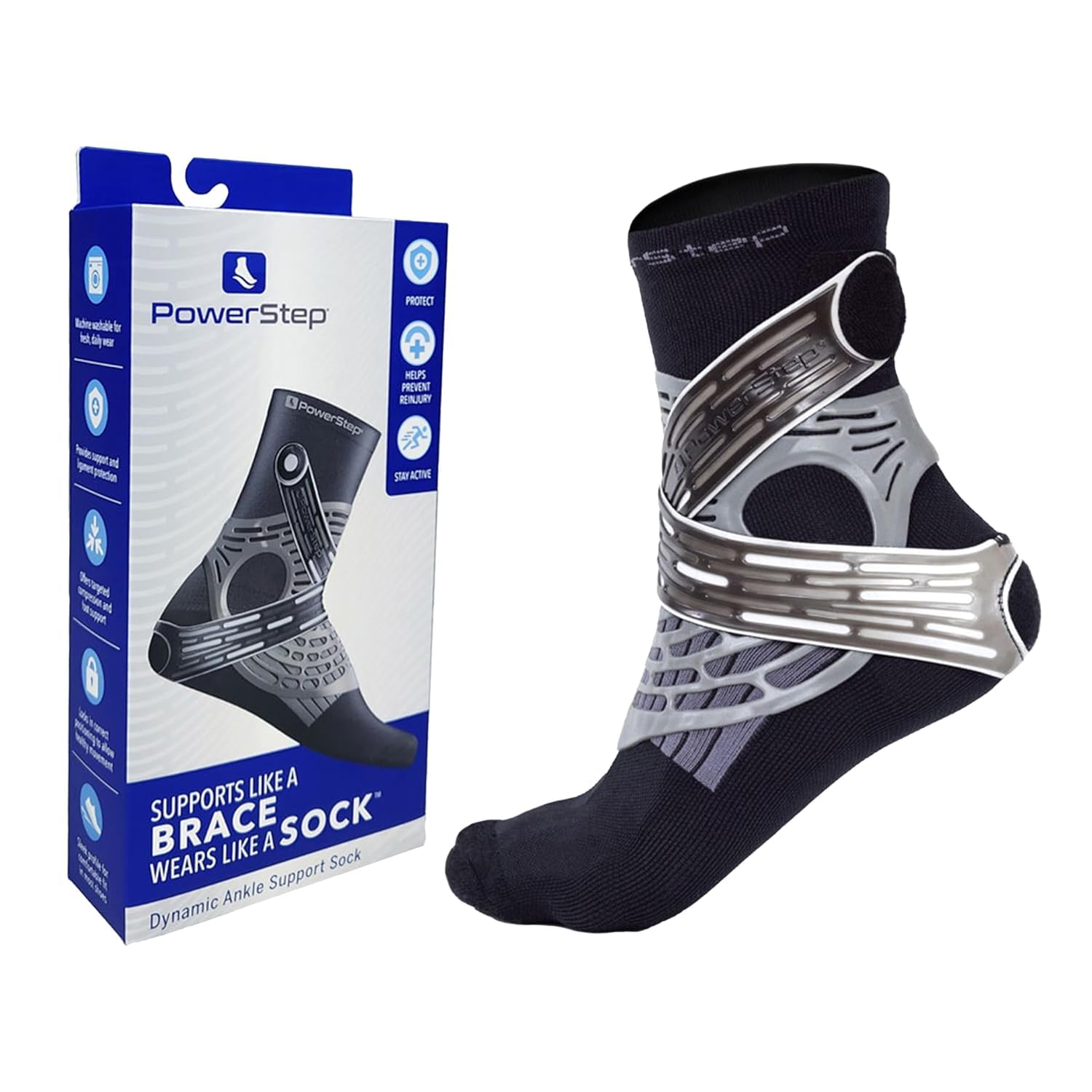 PowerStep Dynamic Ankle Support Sock with Compression and Ankle Brace, Unisex

