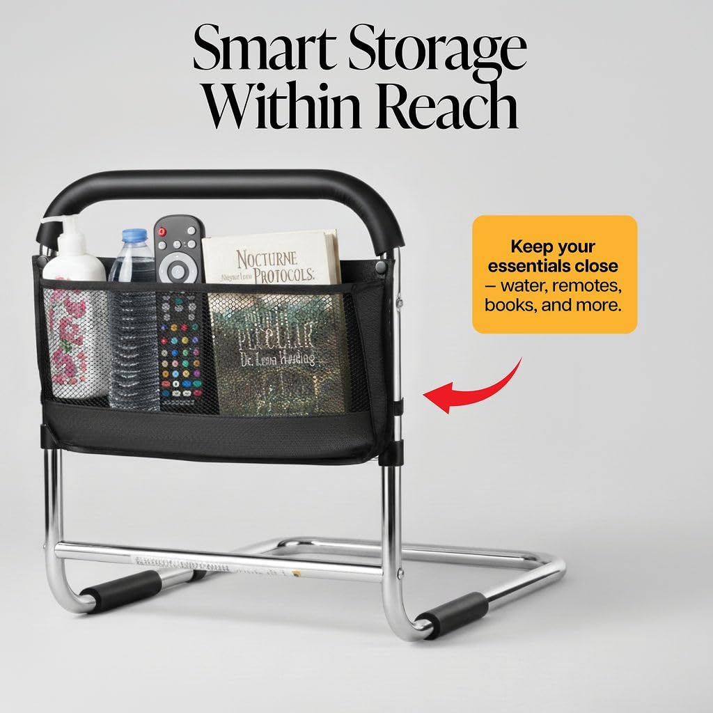 Medical Bed Assist Rail for Seniors with Storage Pocket, Floor Support, ASTM Approved


