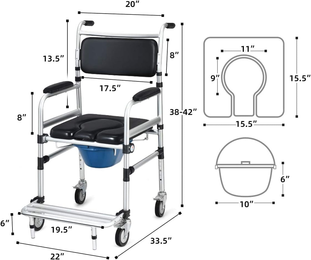 Goplus 4-in-1 Shower Commode Wheelchair with Arms, Rolling Toilet Chair

