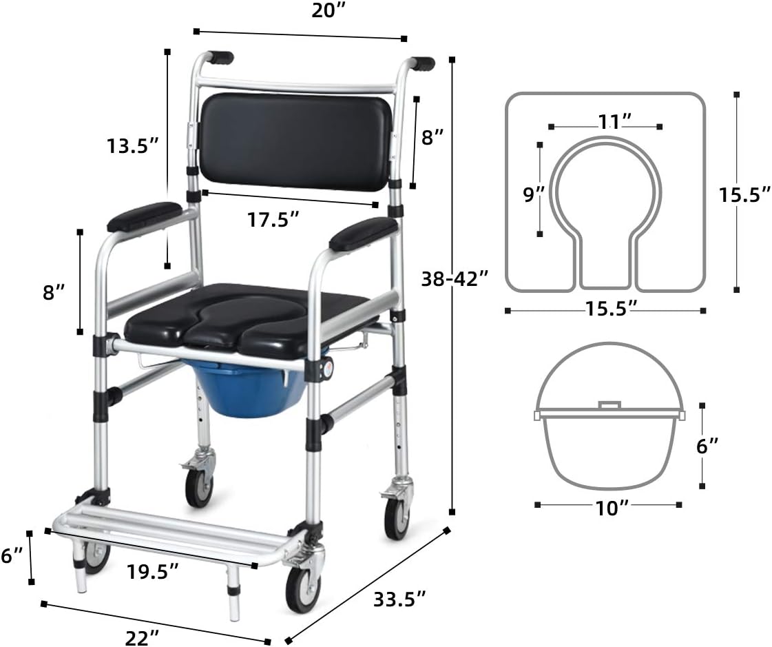 Goplus 4-in-1 Shower Commode Wheelchair with Arms, Rolling Toilet Chair

