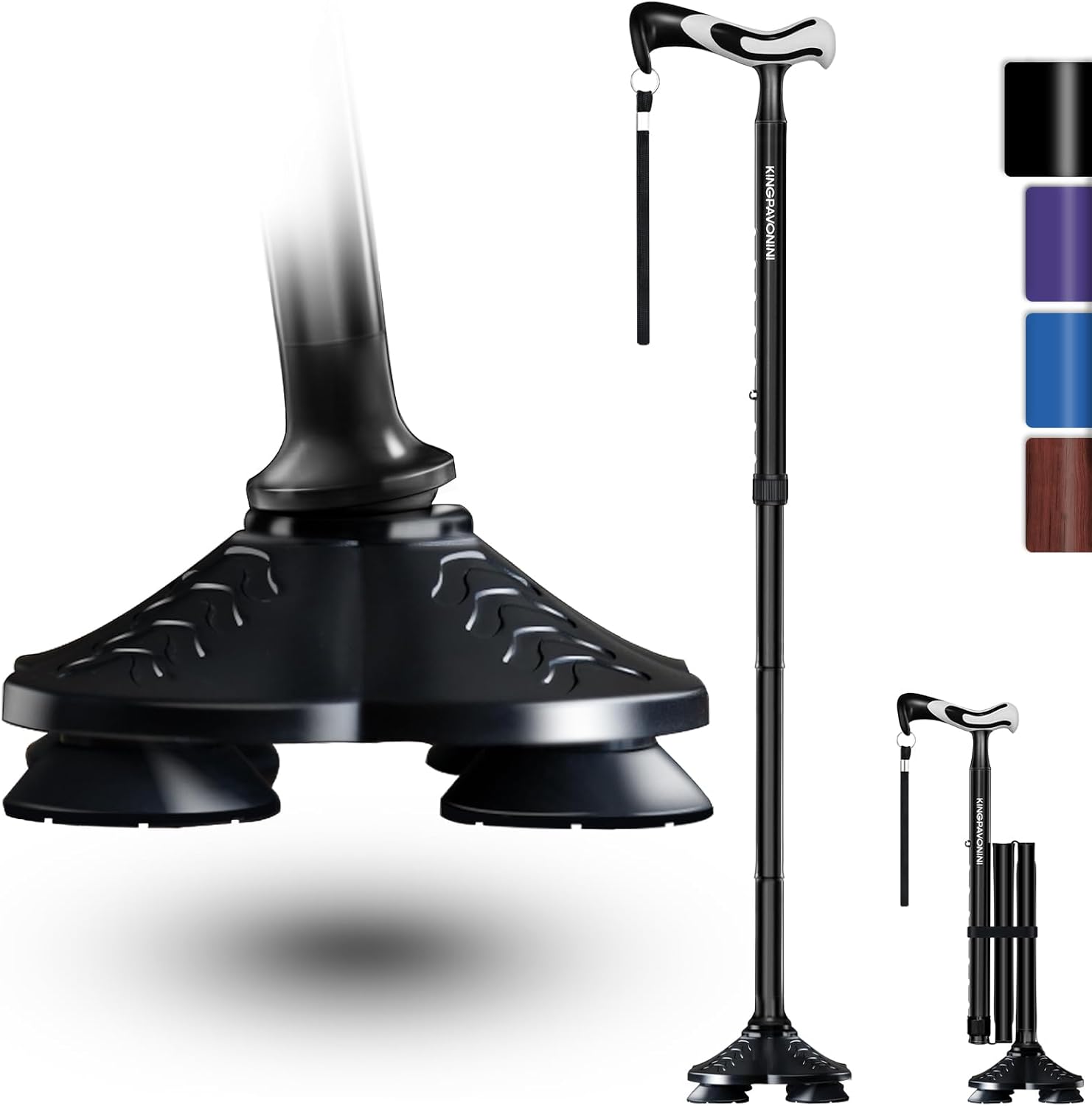 KingPavonini Folding Walking Cane with Free-Standing Quad Base, Adjustable Height

