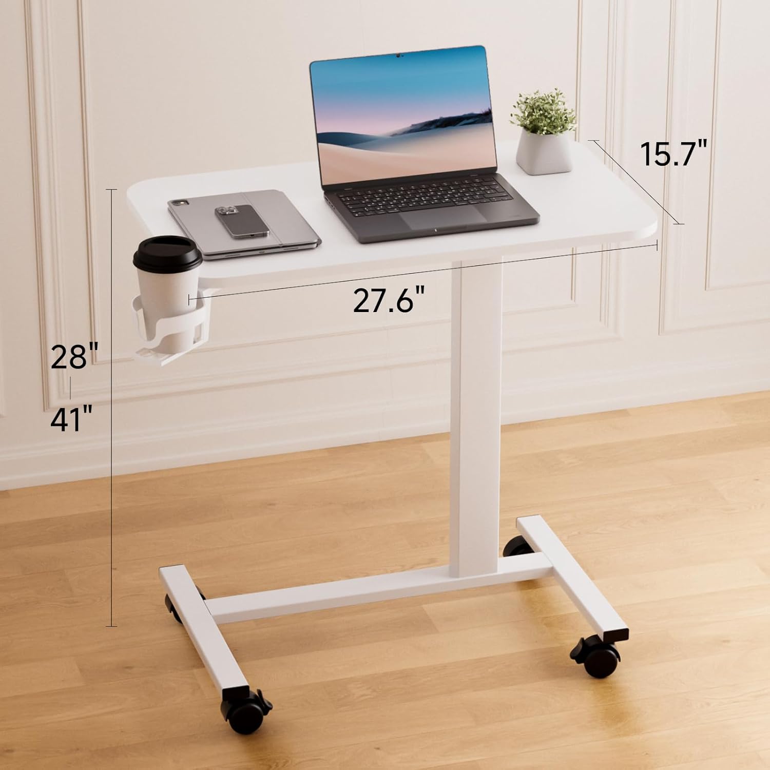 COMHOMA Adjustable Overbed Bedside Table with Lockable Wheels, Pneumatic Rolling Desk

