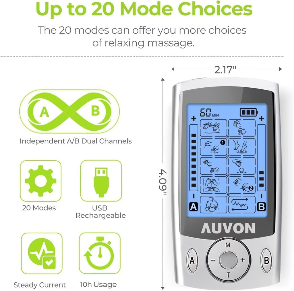 AUVON Dual Channel TENS Muscle Stimulator with 20 Modes and Electrode Pads

