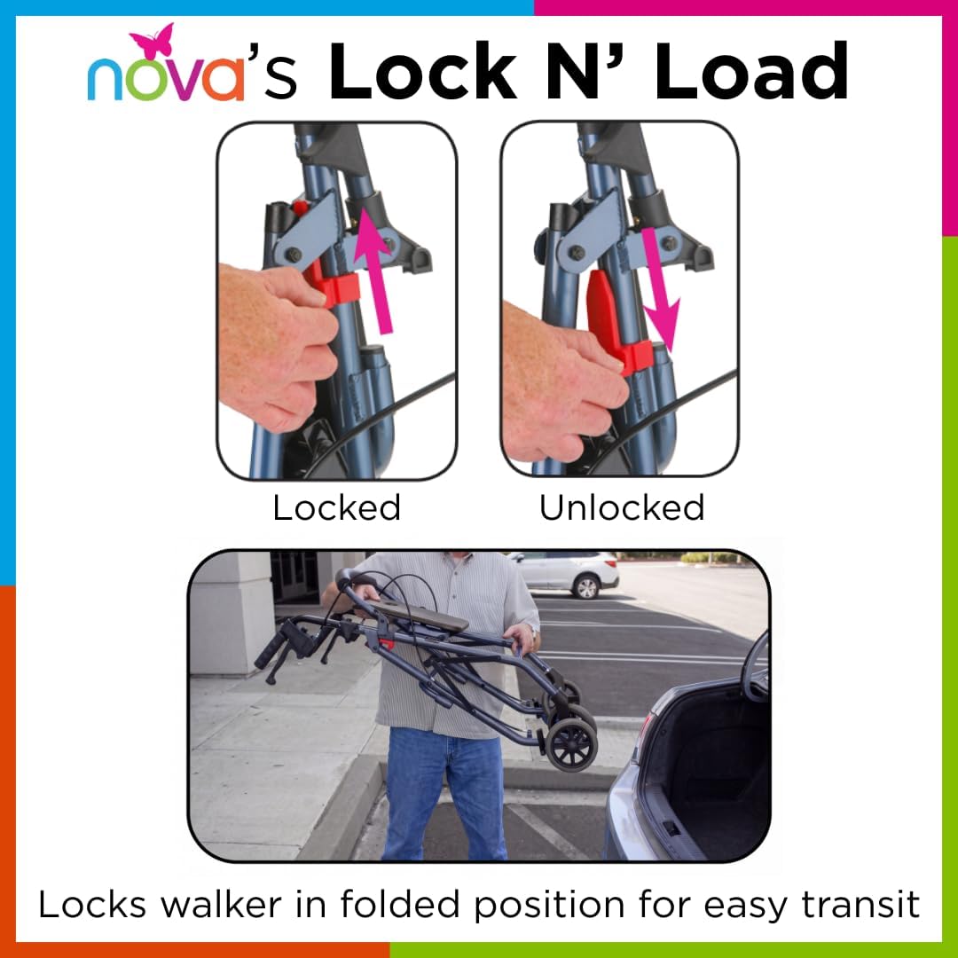 NOVA Zoom Rollator Walker with Padded Seat, Folding Lock, Locking Hand Brakes

