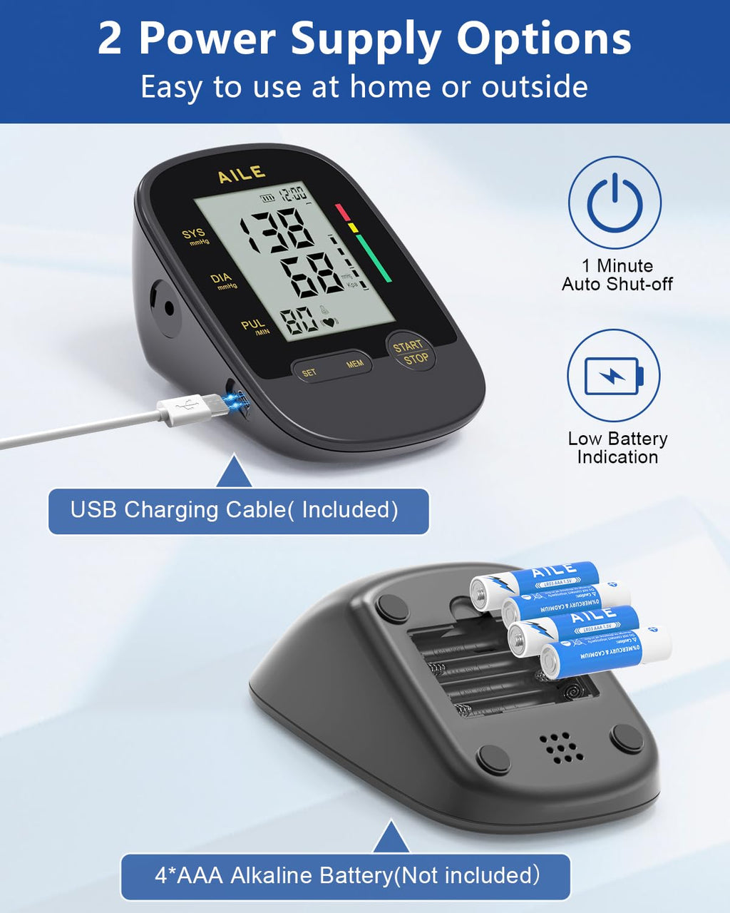 AILE Upper Arm Blood Pressure Monitor with Adjustable Cuff, Large LCD Display

