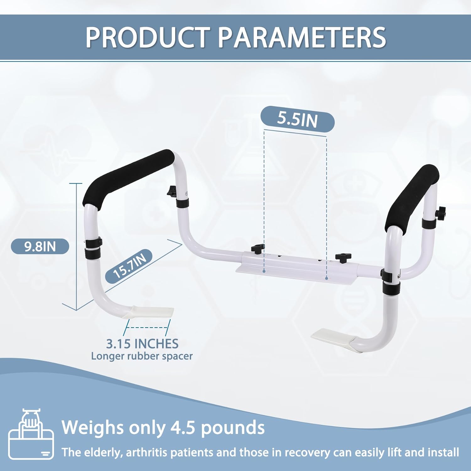 Toilet Safety Rail Grab Bar with Adjustable Width for Toilet Seat, 350 lb

