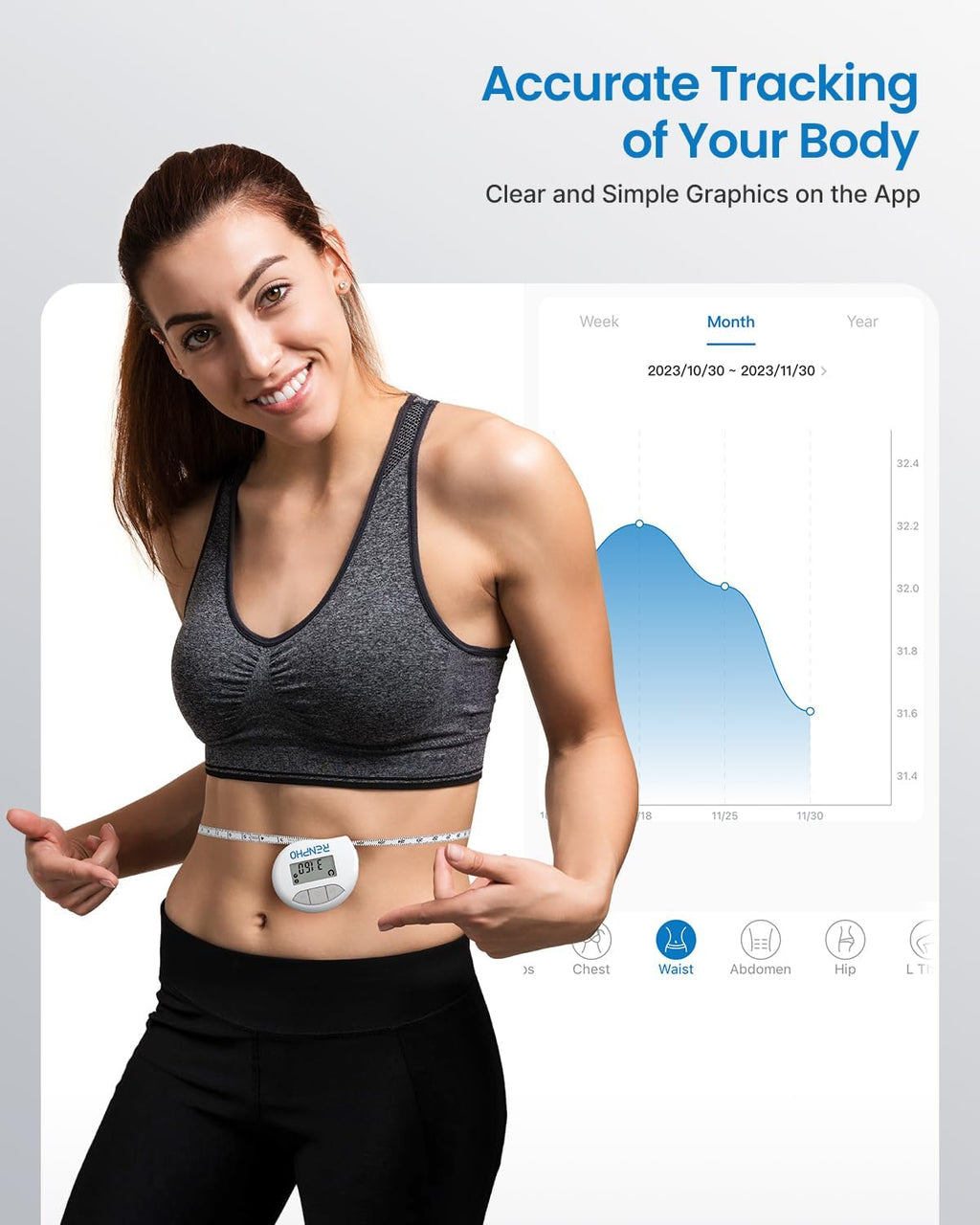 RENPHO Smart Body Measuring Tape with Bluetooth App, Retractable LCD

