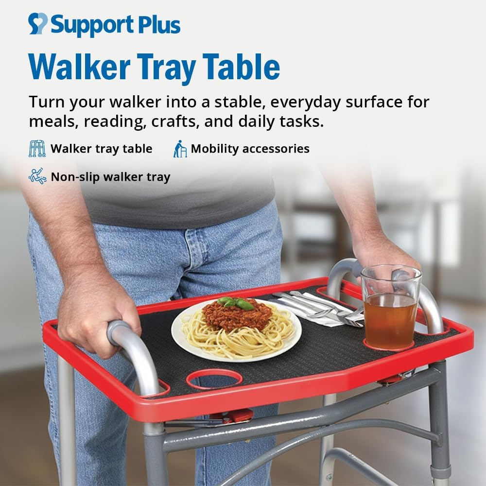 Support Plus Walker Tray Table - Mobility Walker Caddy with Non-Slip Mat & Cup Holder

