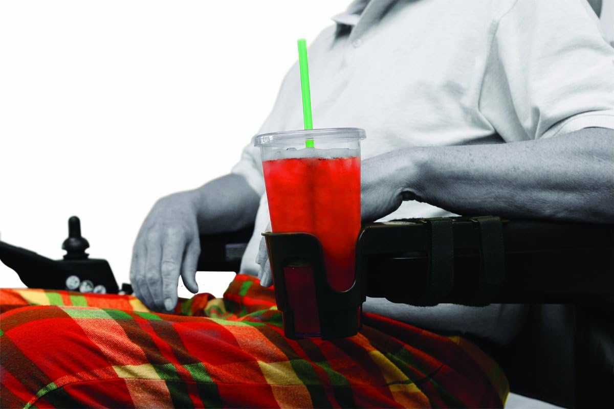 Nearly Universal Wheelchair Cup Holder for Electric Wheelchairs and Mobility Scooters

