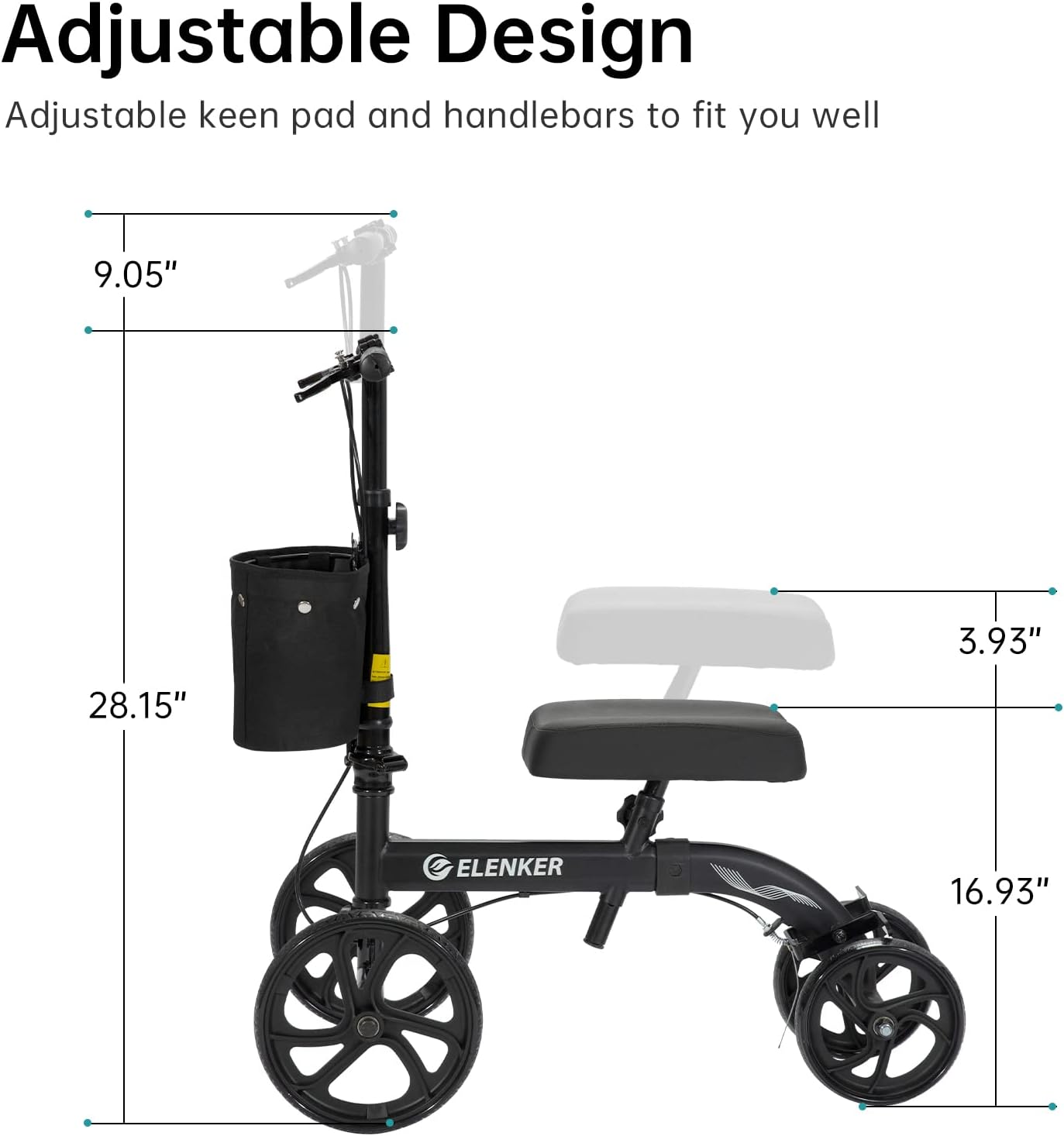 ELENKER Knee Walker Scooter with 10 in Front Wheels, Dual Braking, Adjustable

