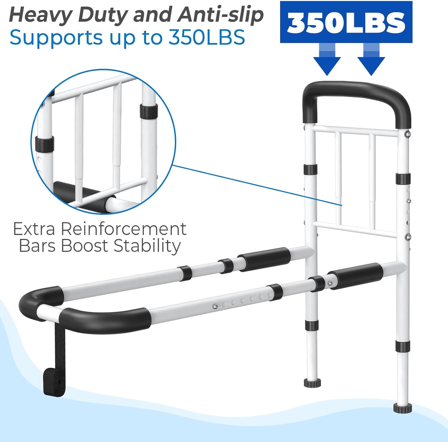 Bed Rails for Seniors Safety ASTM Adjustable Bed Assist Rail 350 lb Non-Slip Grip

