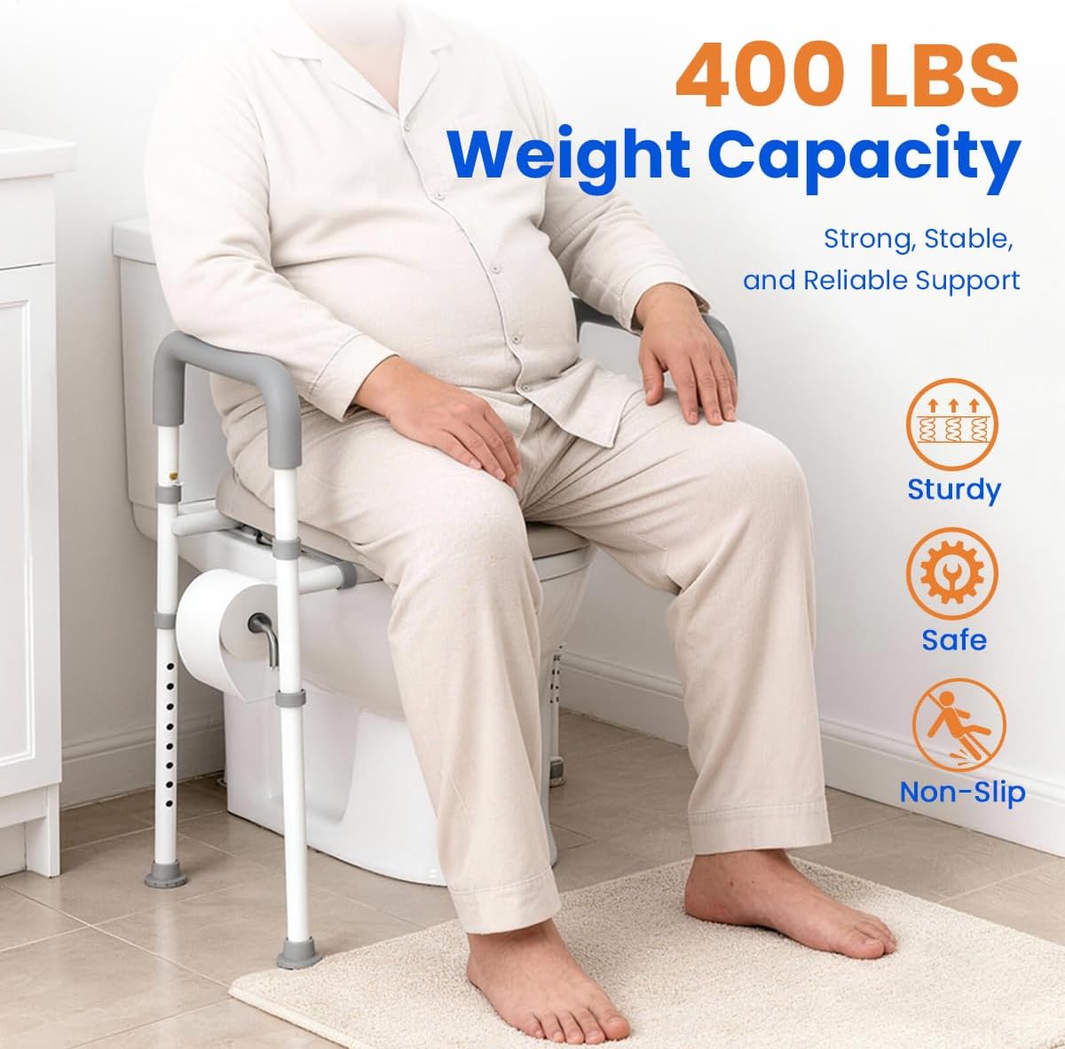 Raised Toilet Seat with Handles, Adjustable Height and Width Toilet Riser, 400 lb

