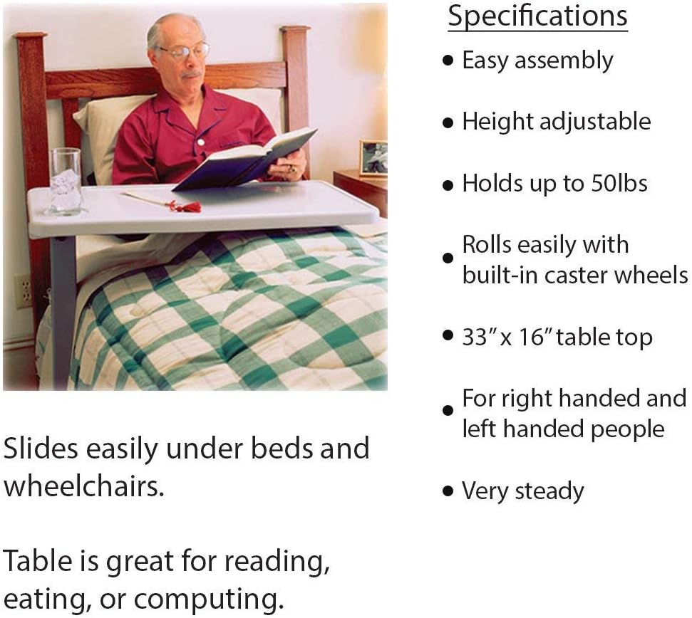 Carex Rolling Overbed Table with Wheels, Adjustable Height Bedside Desk Tray

