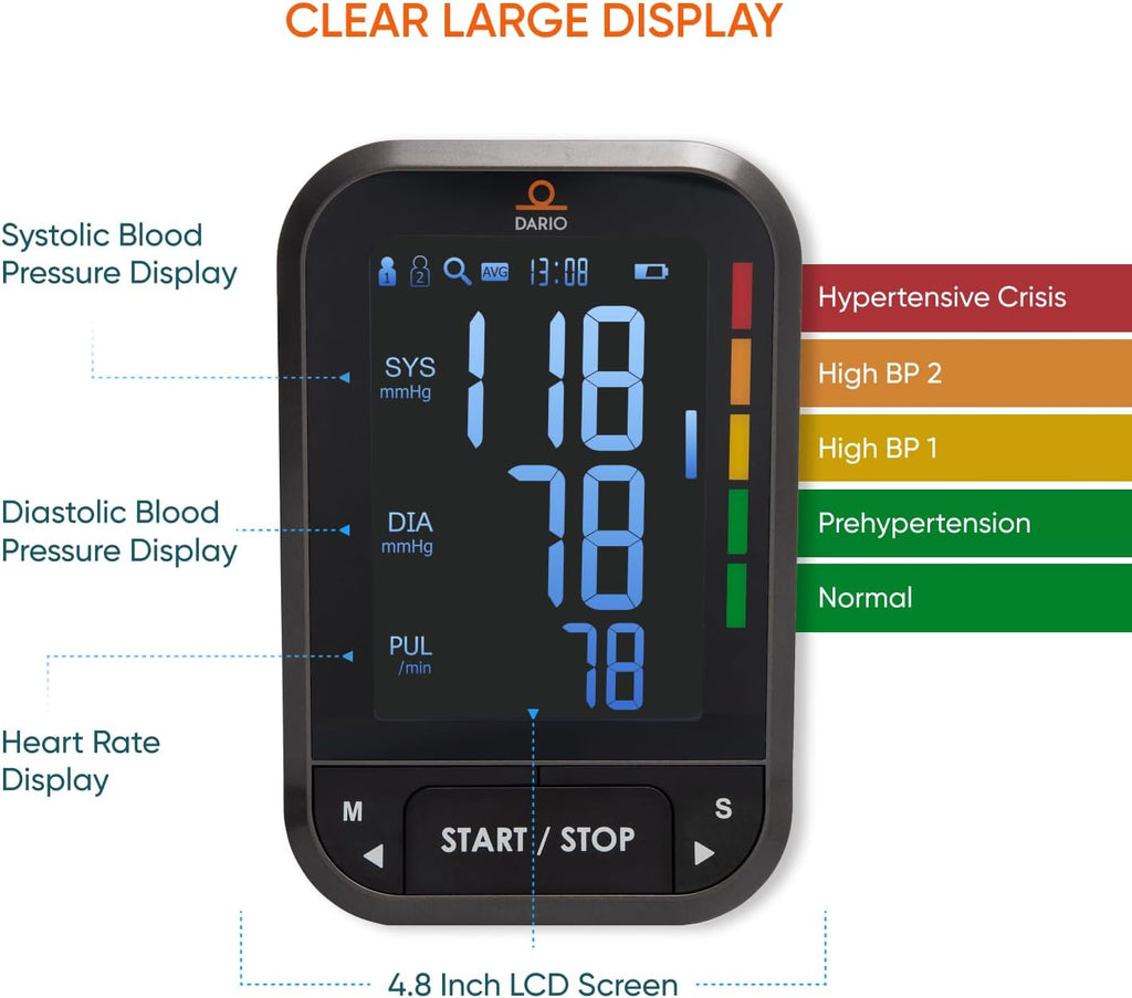 Dario Automatic Arm Blood Pressure Monitor for Home Use, Bluetooth LCD Display


