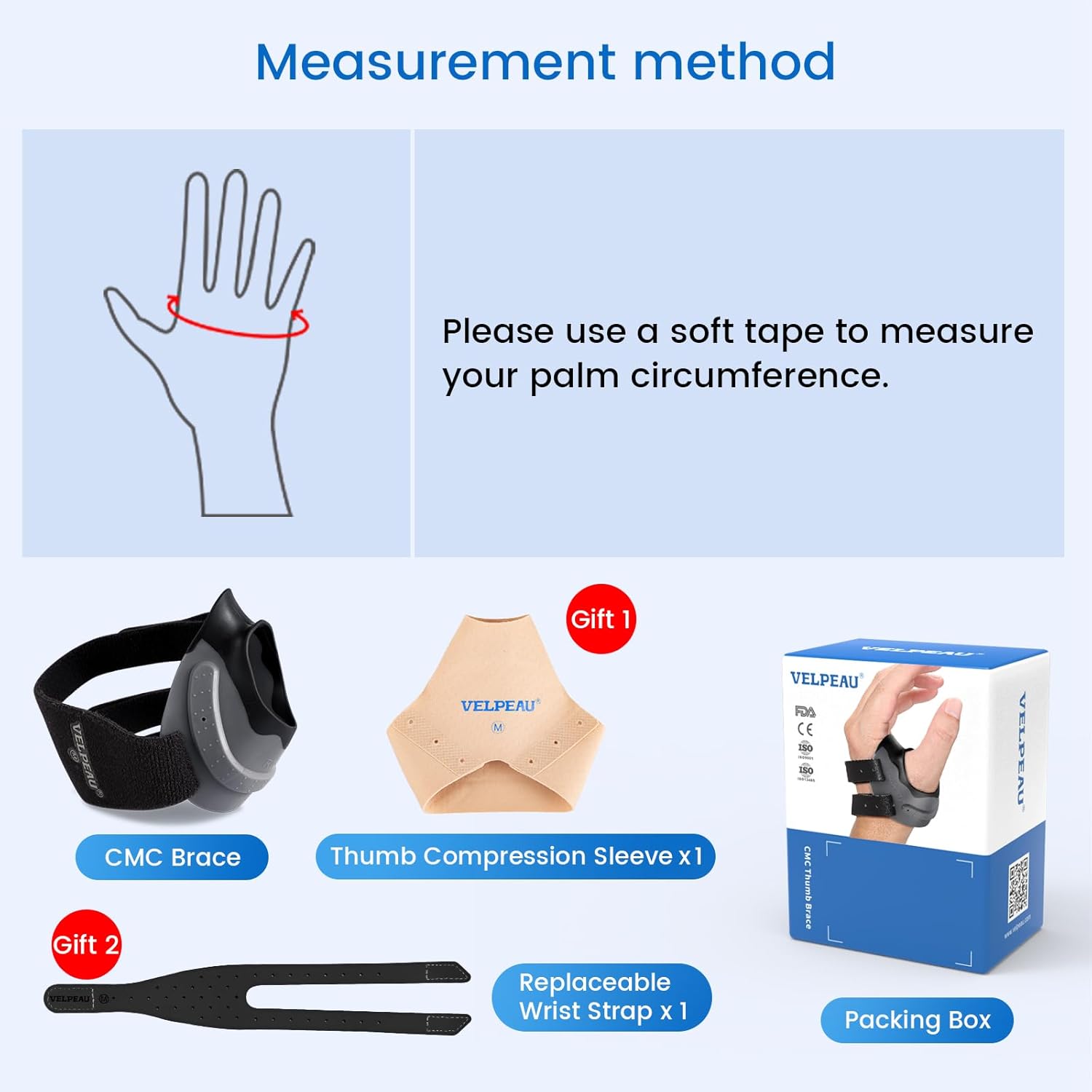 Velpeau CMC Thumb Arthritis Support Brace with Compression Sleeve and Stabilizer

