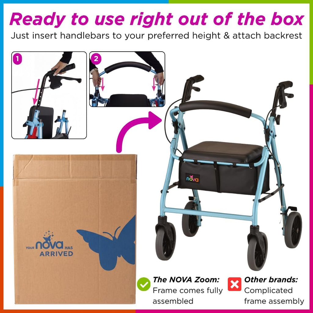 NOVA Zoom Rollator Walker with Padded Seat, Folding Lock, Locking Hand Brakes

