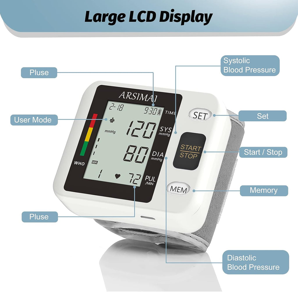 Automatic Wrist Blood Pressure Monitor with Large LCD and Irregular Heartbeat

