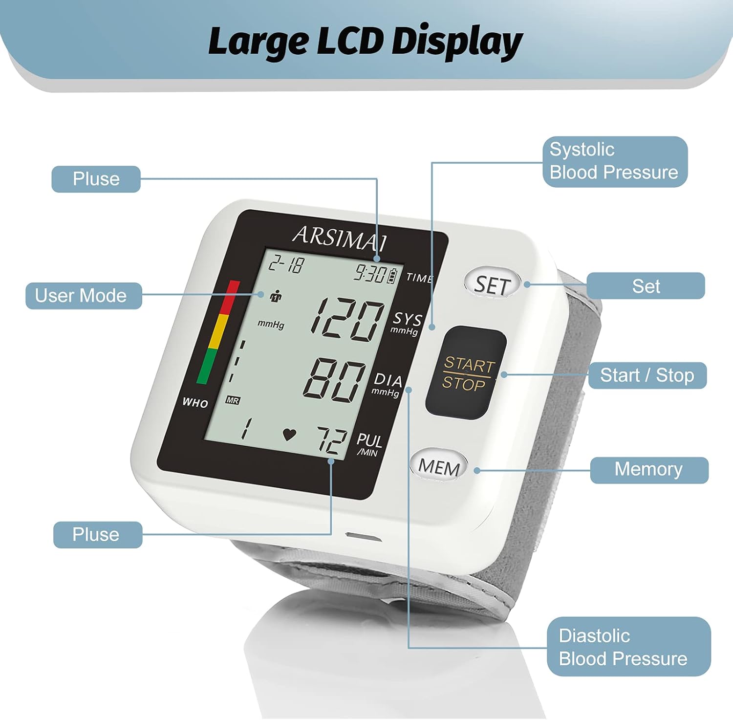 Automatic Wrist Blood Pressure Monitor with Large LCD and Irregular Heartbeat

