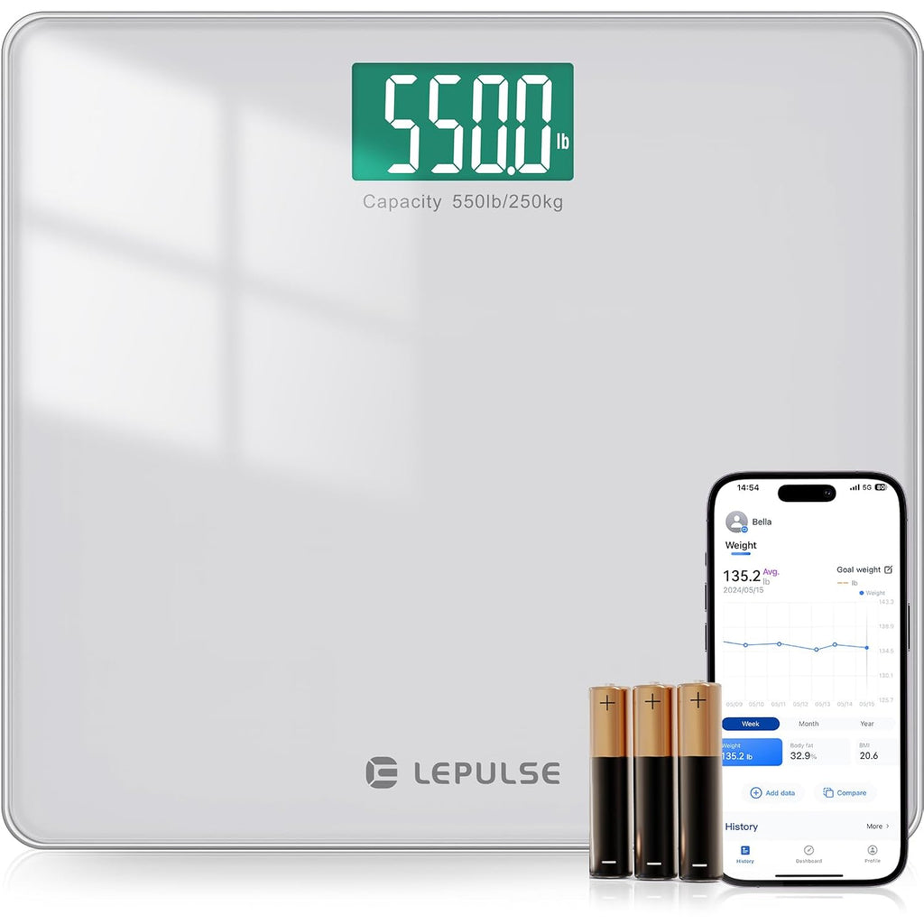 LEPULSE 550 lb Bathroom Digital Scale with BMI, Bluetooth, Tempered Glass, Backlit

