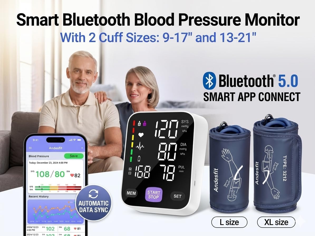 Andesfit Upper Arm Blood Pressure Monitor with Bluetooth and Large Color Display

