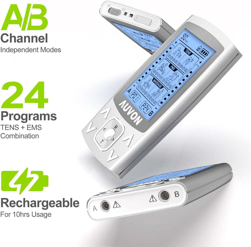 AUVON Dual Channel TENS EMS Muscle Stimulator for Pain Relief, Rechargeable

