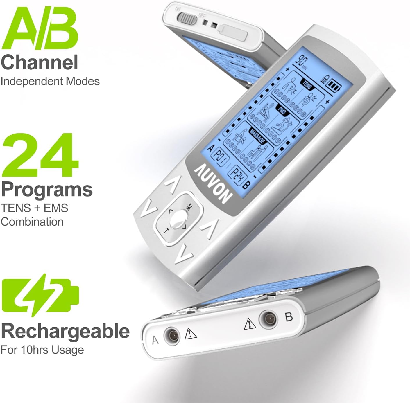 AUVON Dual Channel TENS EMS Muscle Stimulator for Pain Relief, Rechargeable

