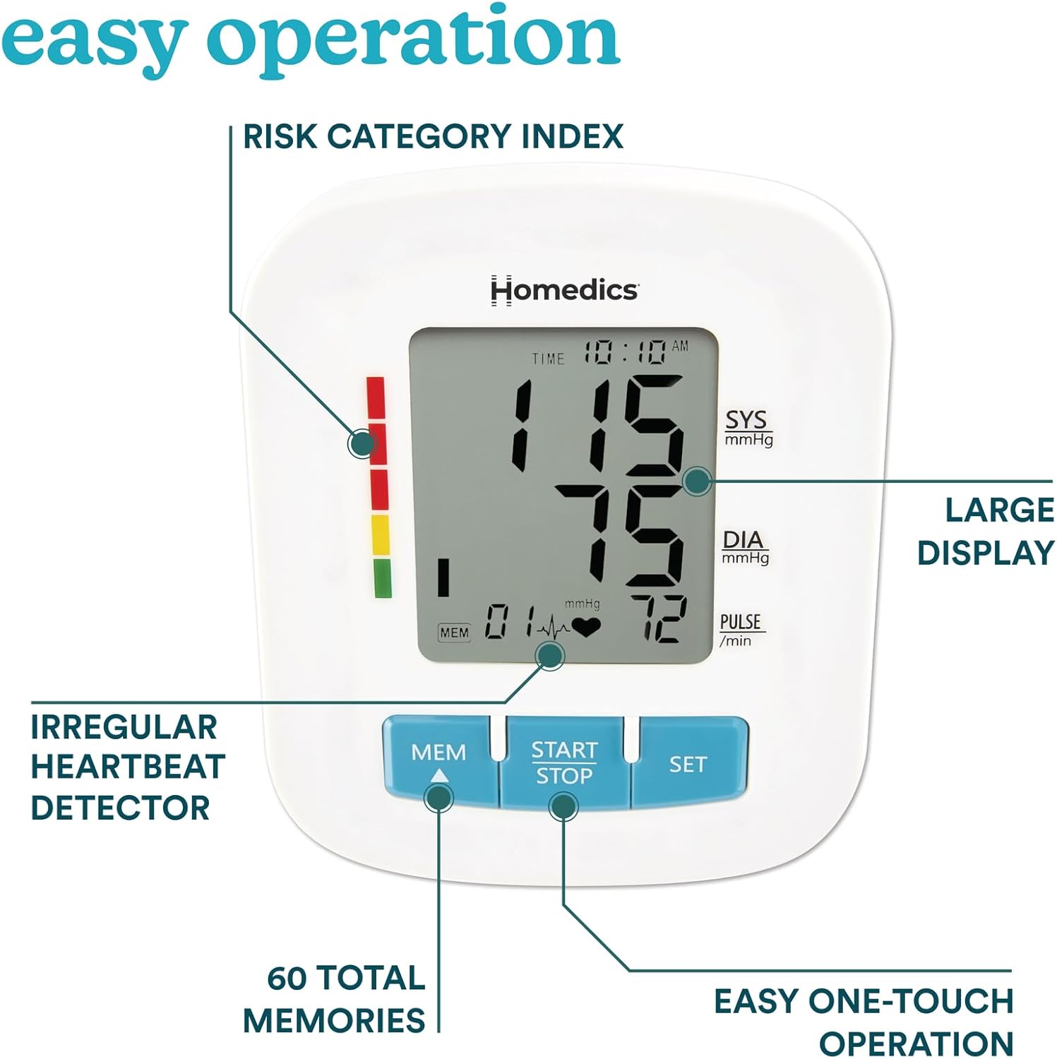 HoMedics Upper Arm Blood Pressure Monitor, One-Touch, Irregular Heartbeat Detector

