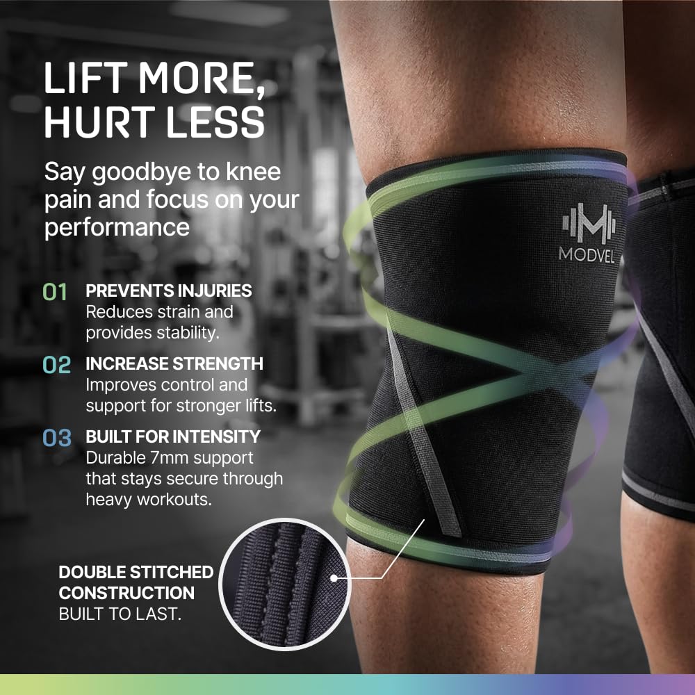 Modvel 7mm Neoprene Knee Sleeves Compression Support for Weightlifting & Powerlifting, Pair

