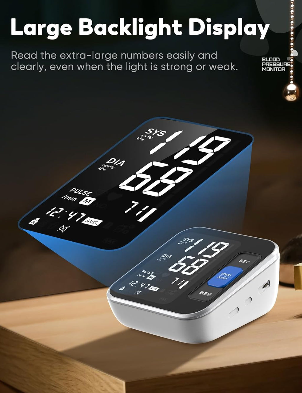 Upper Arm Blood Pressure Monitor for Home Use, HR Detection, Large Display

