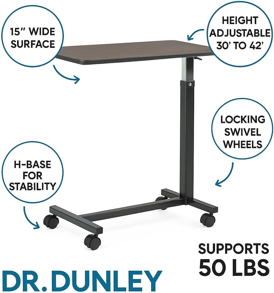 DR. DUNLEY Adjustable Overbed Table on Wheels, Height-Adjustable Rolling Side Table

