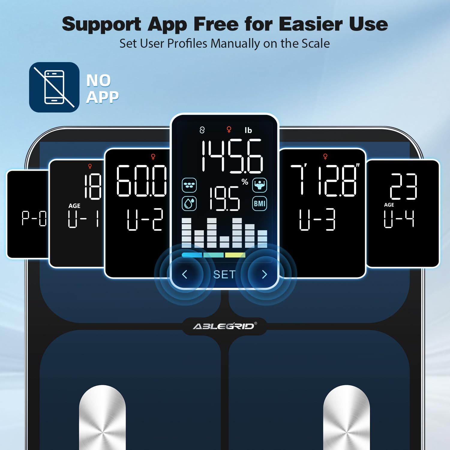 ABLEGRID Smart Bathroom Scale Digital Body Fat, BMI, LED Trend Display, App-Free


