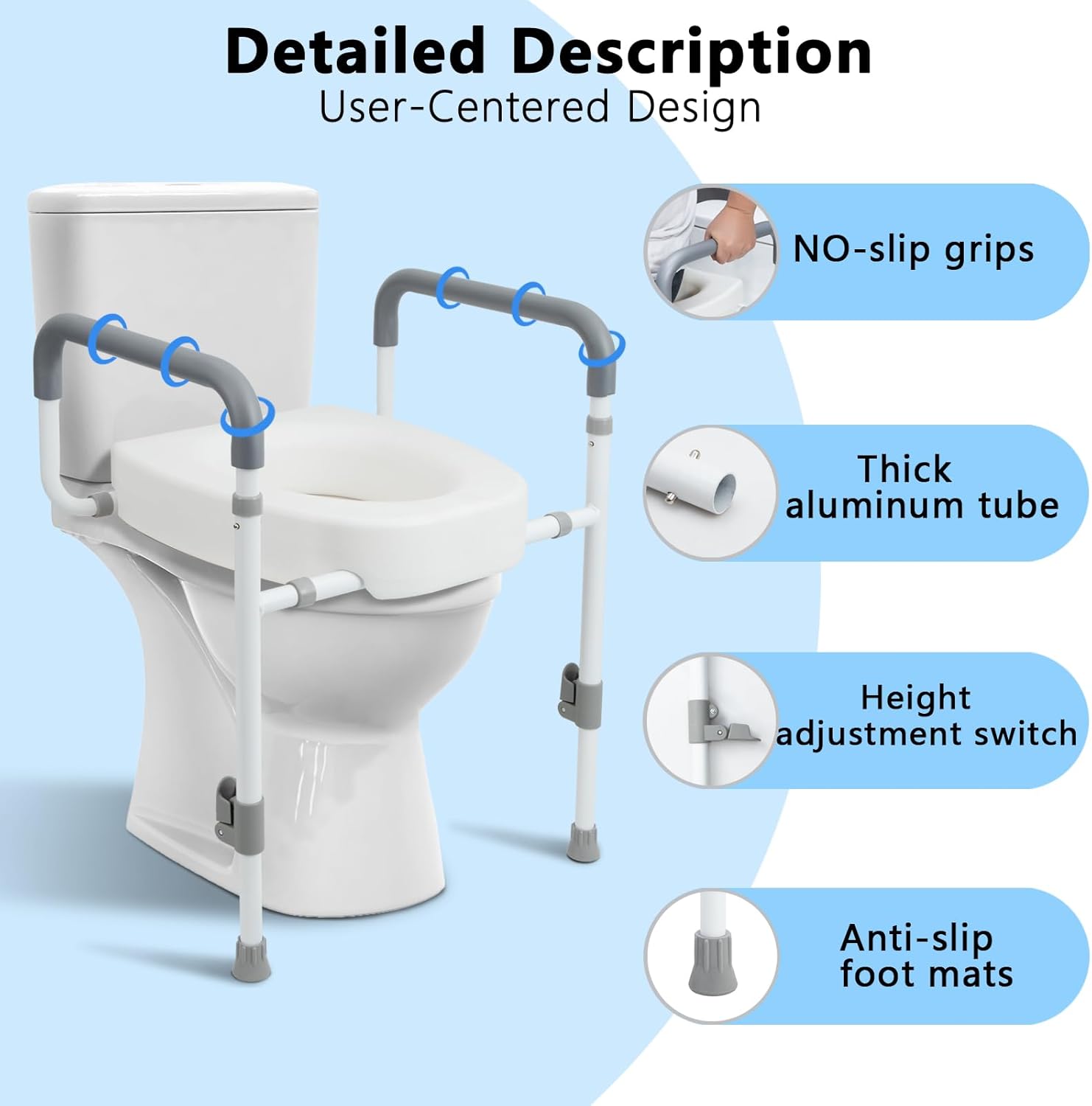 Toilet Seat Riser with Handles for Seniors, Raised Toilet Seat for Handicap & Elderly

