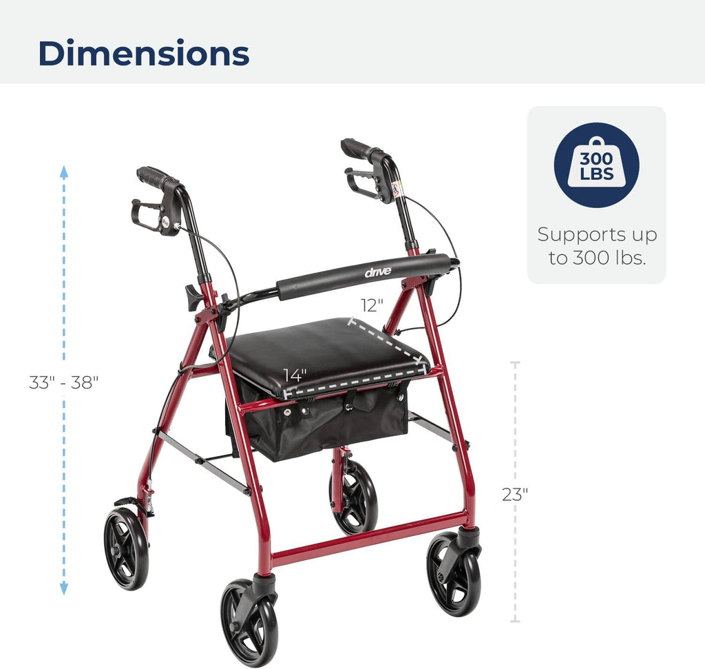 Drive Medical Aluminum Rollator Walker with Fold-Up Seat and Padded Back Support

