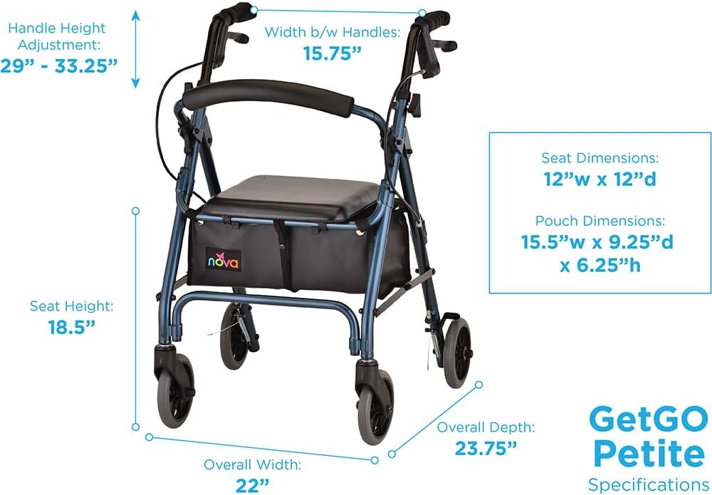 NOVA GetGo Ultra Narrow Rollator Walker with Seat, Folding Wheels and Brakes

