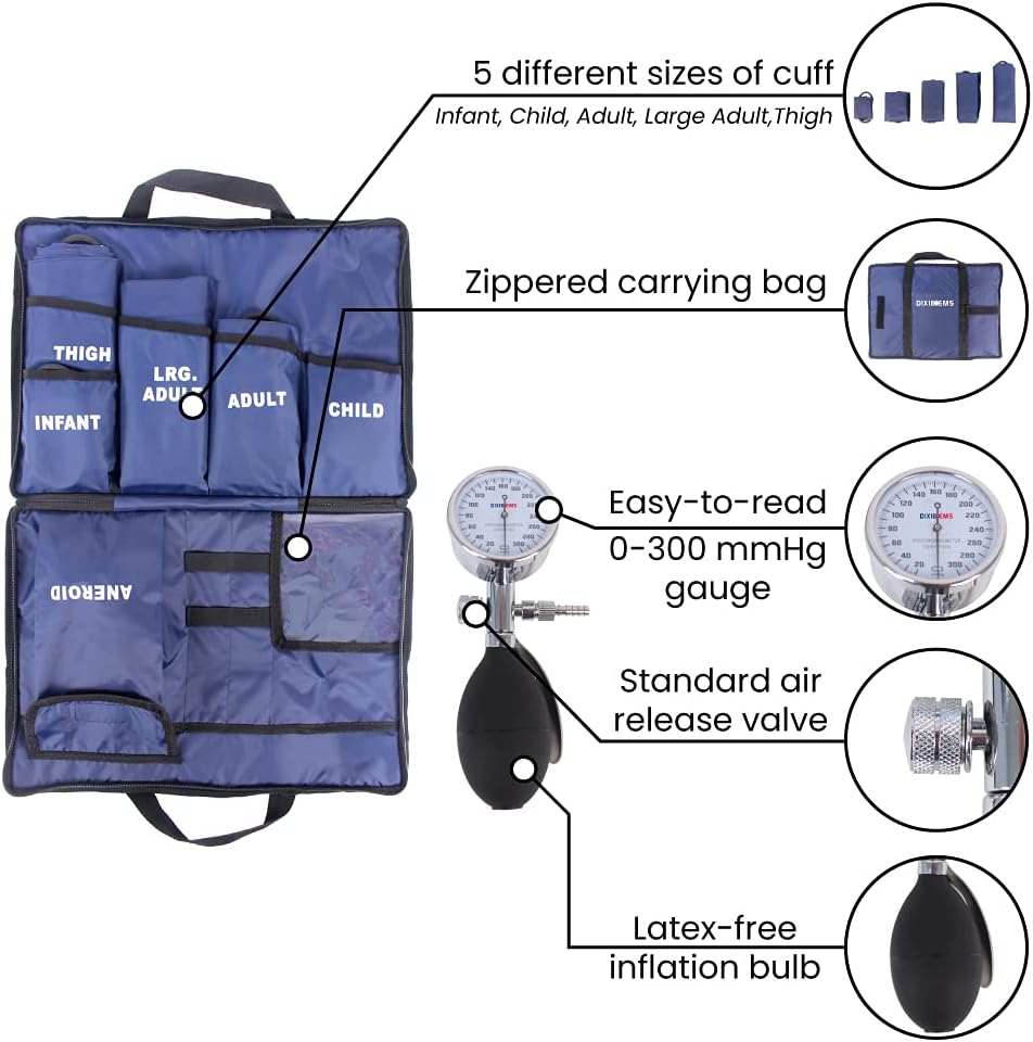 Dixie EMS Aneroid Sphygmomanometer Kit, Manual Blood Pressure Monitor Set with 5 Cuffs

