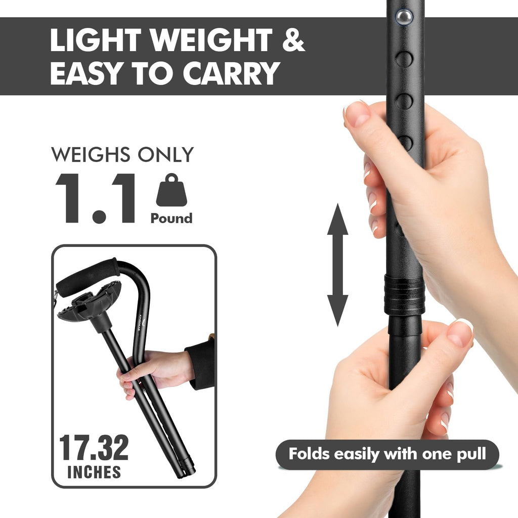 KINGGEAR F1 Folding Walking Cane for Seniors, Lightweight Quad Base

