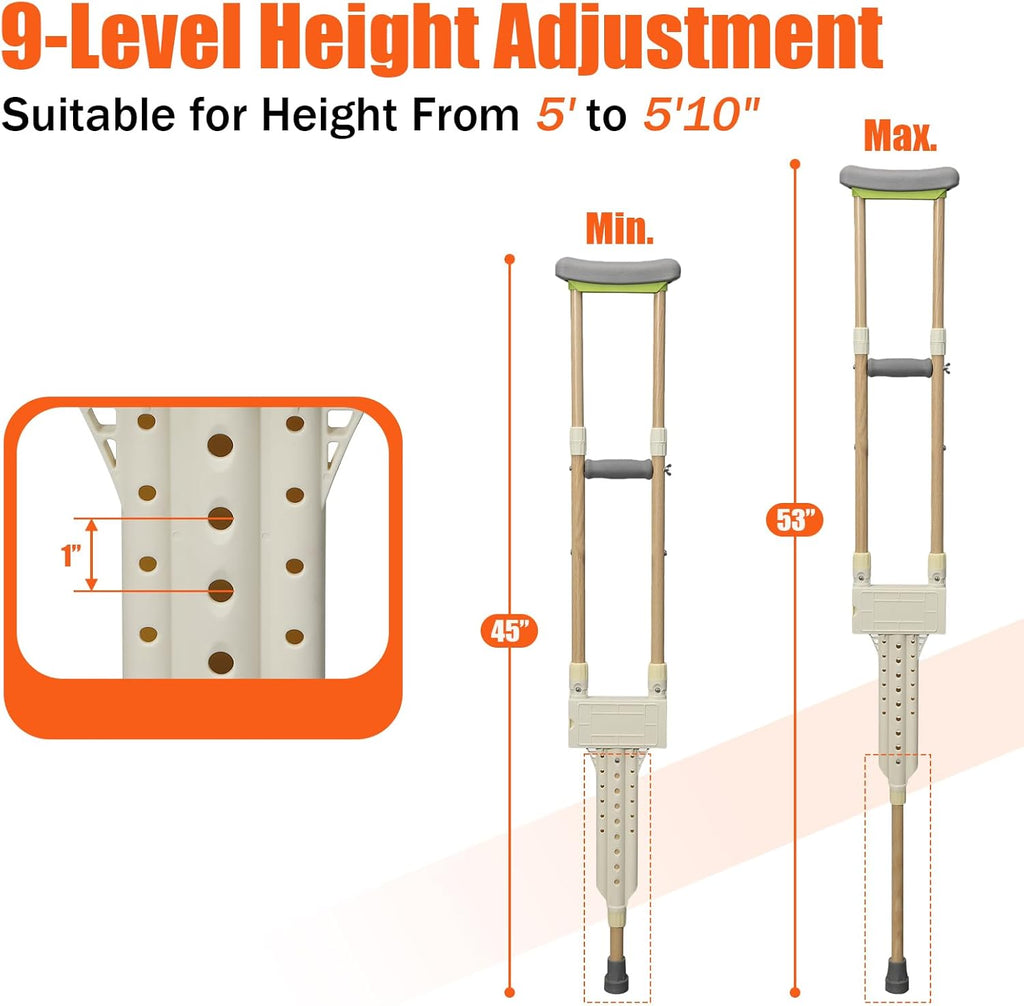 Aluminum Height Adjustable Underarm Crutches for Adults, Pair with Padded Cushions

