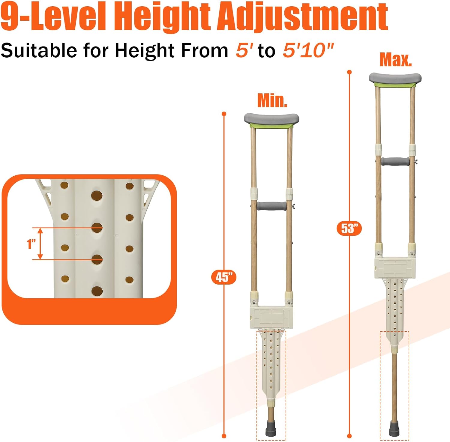 Aluminum Height Adjustable Underarm Crutches for Adults, Pair with Padded Cushions


