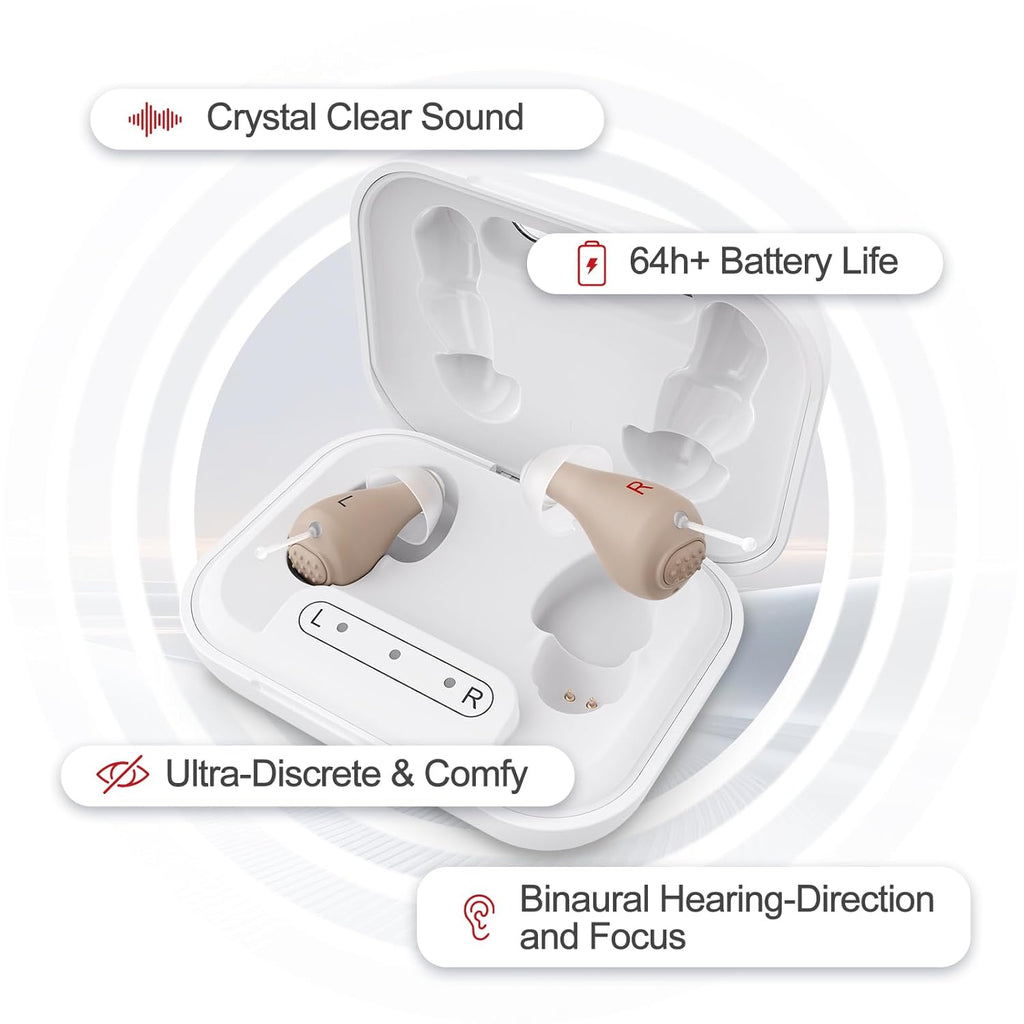 Rechargeable Hearing Aids for Seniors with Charging Case, 48+ Hour Battery & Auto On

