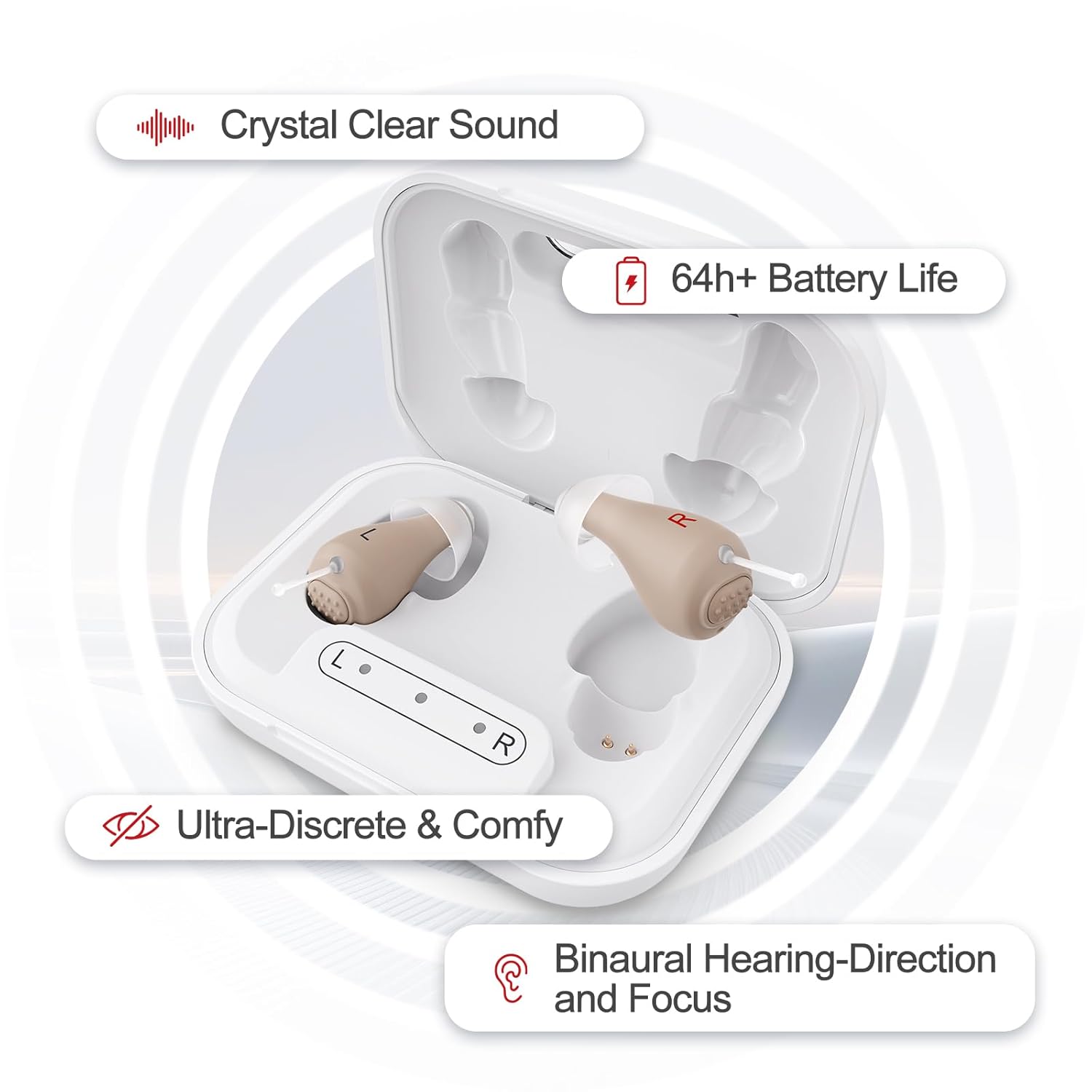 Rechargeable Hearing Aids for Seniors with Charging Case, 48+ Hour Battery & Auto On

