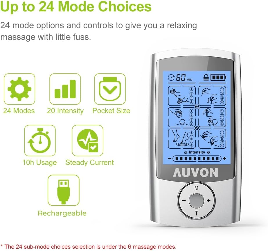 AUVON Rechargeable TENS Unit Muscle Stimulator with 24 Modes and 8 Electrode Pads

